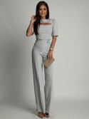 Elegant set of short blouse and wide pants, gray AZR243041